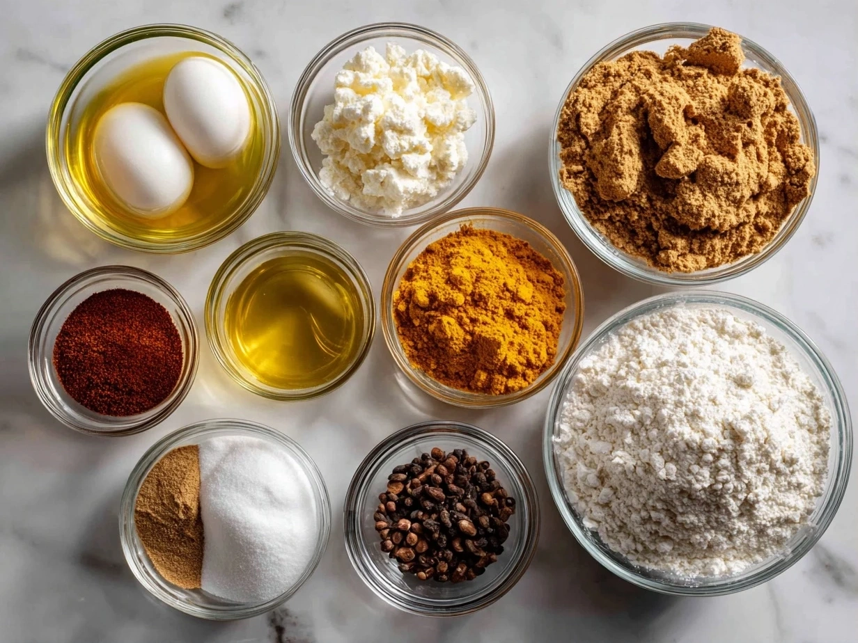Ingredients for making Pumpkin Cheesecake: graham cracker crumbs, sugar, butter, cream cheese, pumpkin puree, eggs, sour cream, flour, cinnamon, ginger, cloves, nutmeg, and vanilla extract.