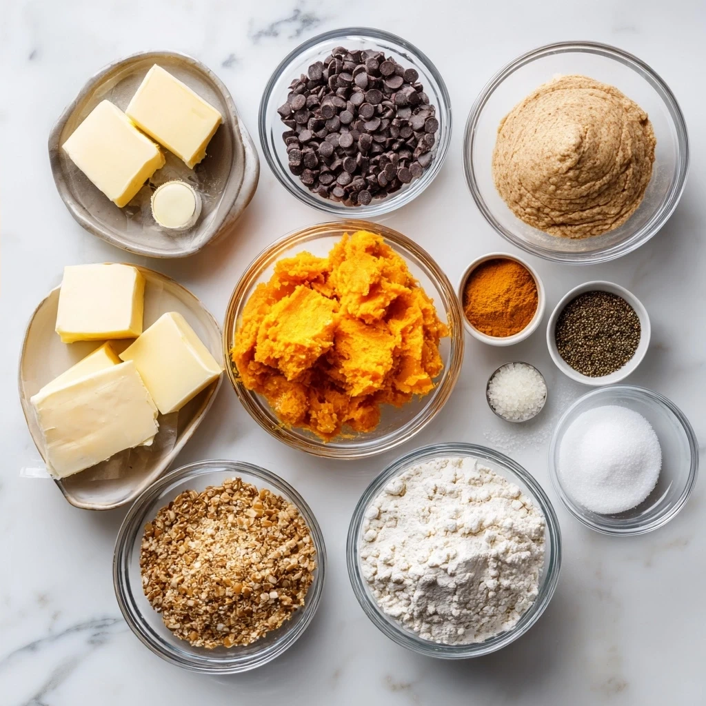 Ingredients for Pumpkin Cookie Pie including butter, sugar, flour, eggs, pumpkin puree, chocolate chips, and spices