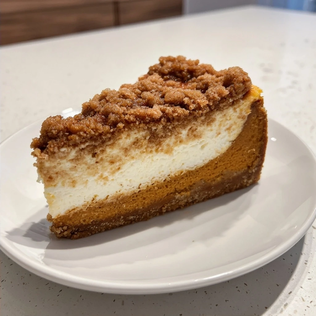 A delicious Pumpkin Streusel Cheesecake served on a plate with a fork.