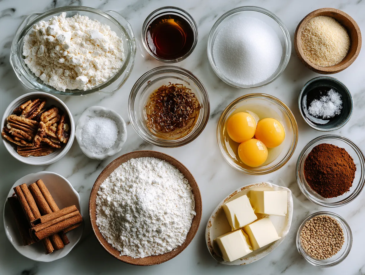 Raw ingredients for apple brownies including apples, flour, sugar, butter, and spices