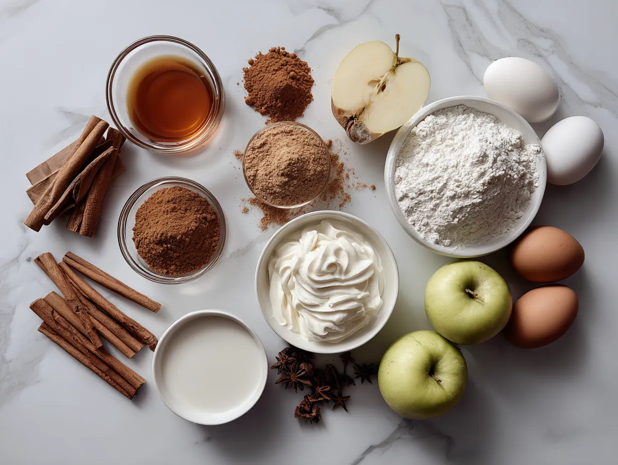 Ingredients for Apple Butter Pie with Cinnamon Whipped Cream: pie crusts, apple butter, heavy cream, brown sugar, eggs, vanilla extract, cinnamon, nutmeg, cloves, and powdered sugar.