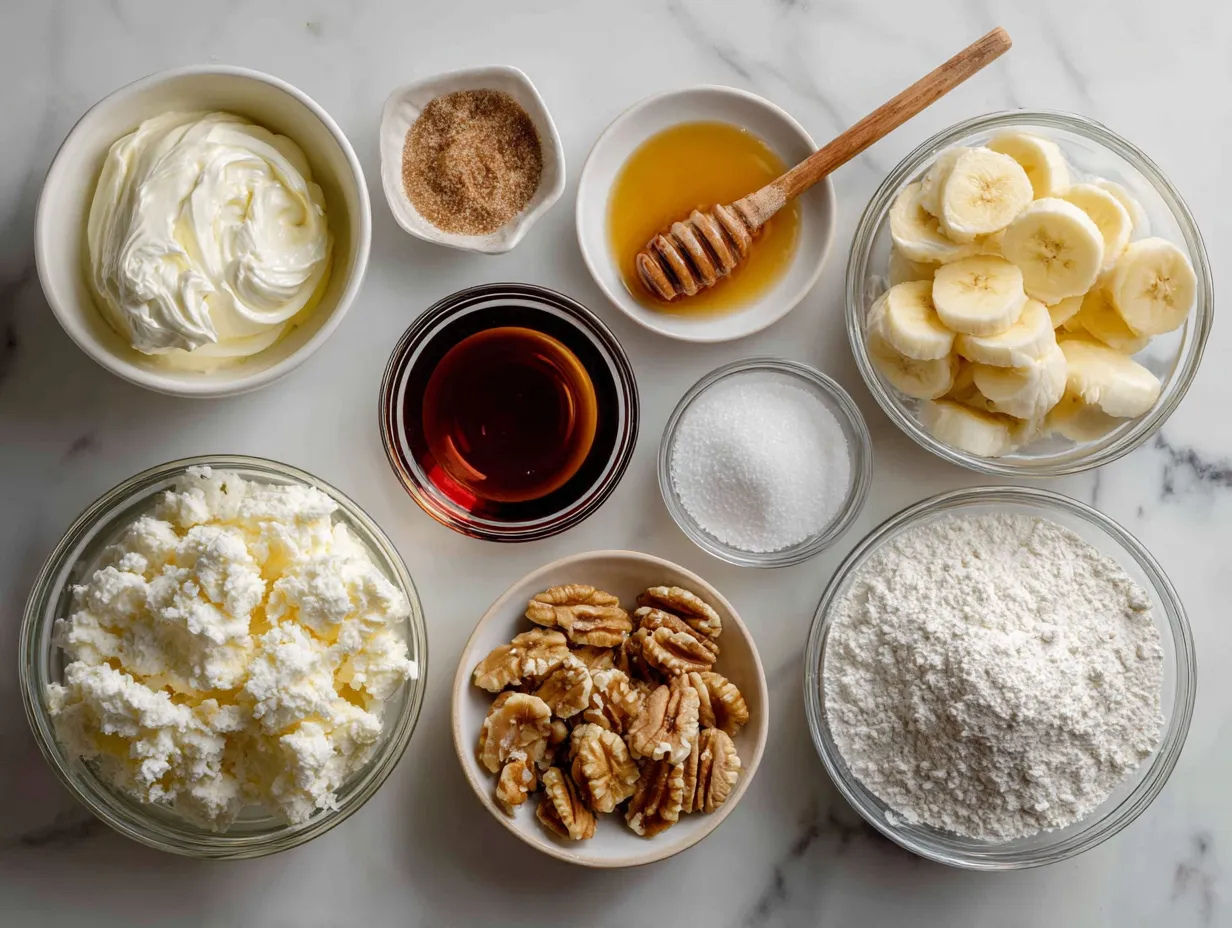 Raw ingredients for making banana cream pie, including bananas, milk, eggs, flour, sugar, and graham cracker crust.