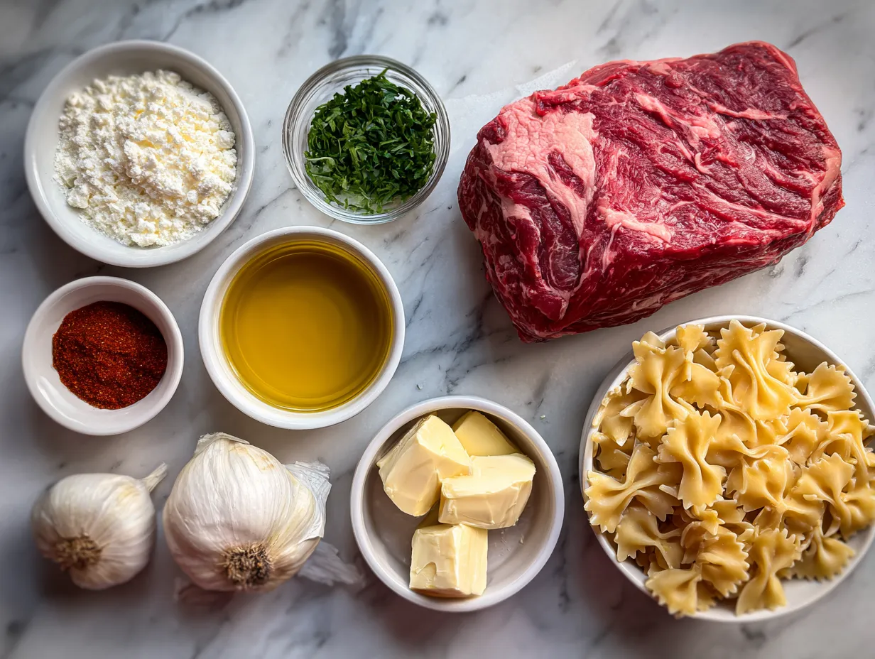 Raw ingredients for Beef and Bowtie Pasta on a wooden countertop: ground beef, olive oil, onion, garlic, canned tomatoes, tomato sauce, tomato paste, oregano, basil, salt, pepper, beef broth, bowtie pasta, and Parmesan cheese.