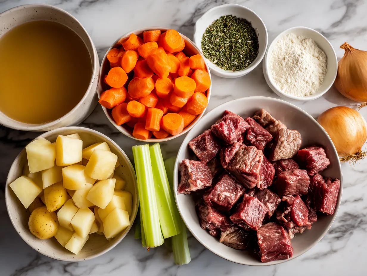 Raw ingredients for Beef Stew, including beef chuck, carrots, potatoes, and spices, arranged on a marble surface.
