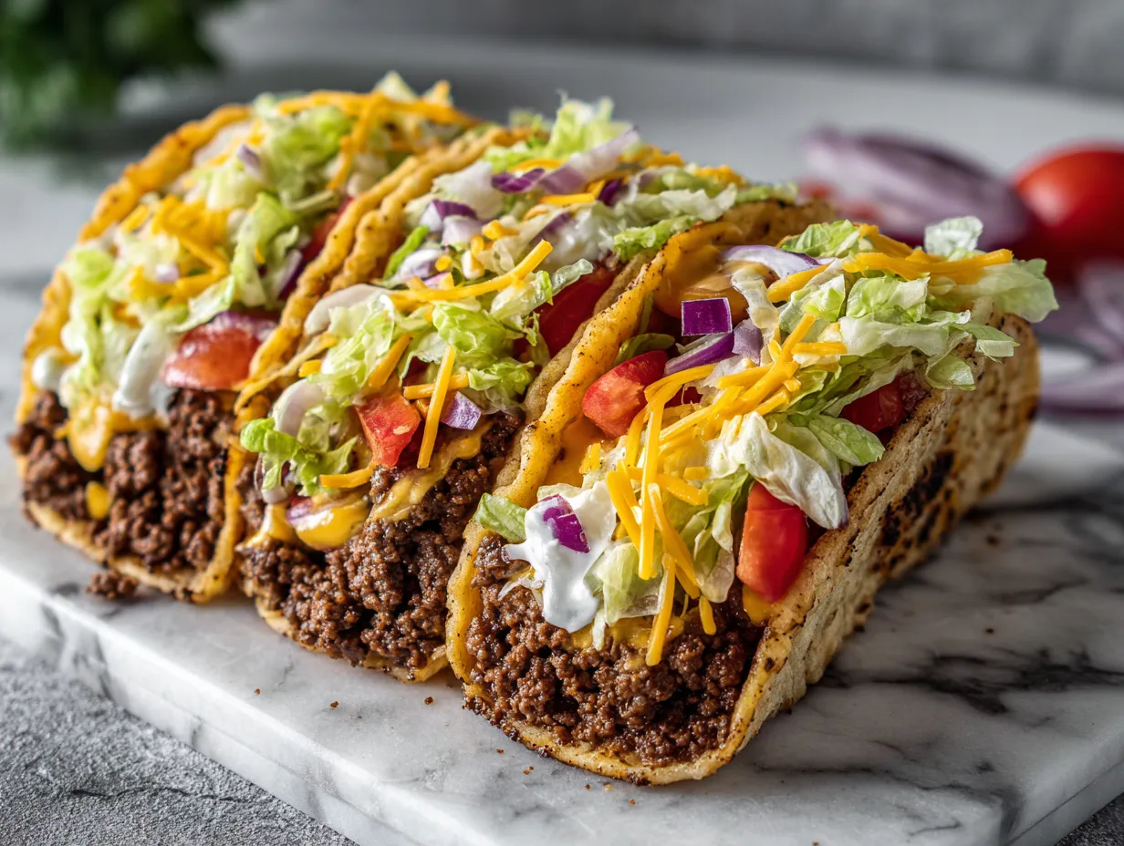 Ingredients for Big Mac Style Smash Burger Tacos including ground beef, taco shells, mayonnaise, mustard, relish, and spices.