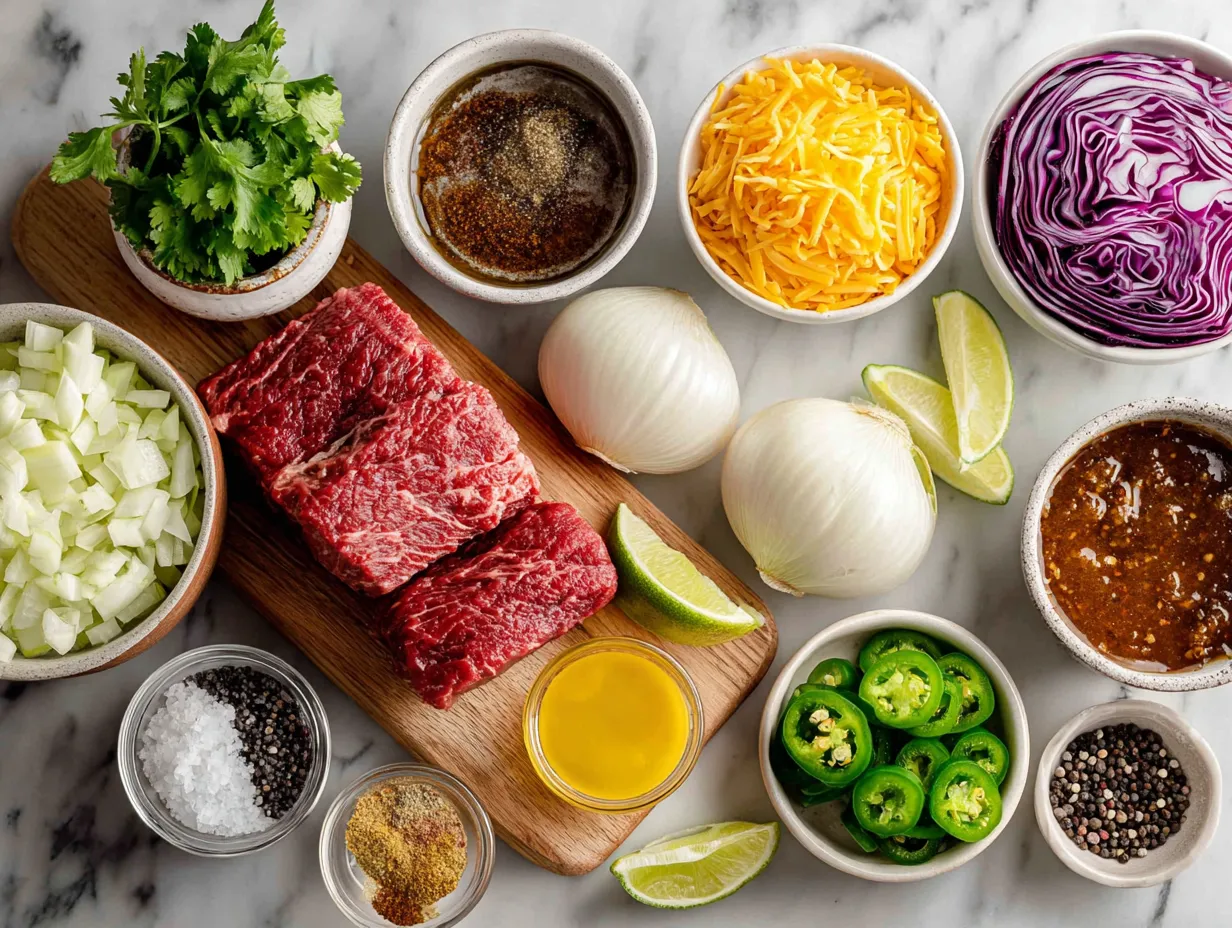Raw ingredients for making Birria Tacos, including dried chiles, meat, spices, and vegetables, arranged on a marble table.