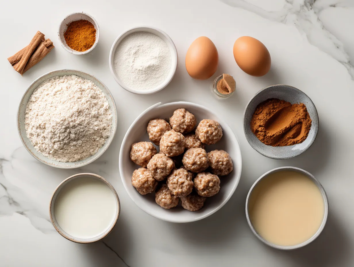 Ingredients for making Bisquick Sausage Balls including sausage, Bisquick mix, cheddar cheese, and milk.