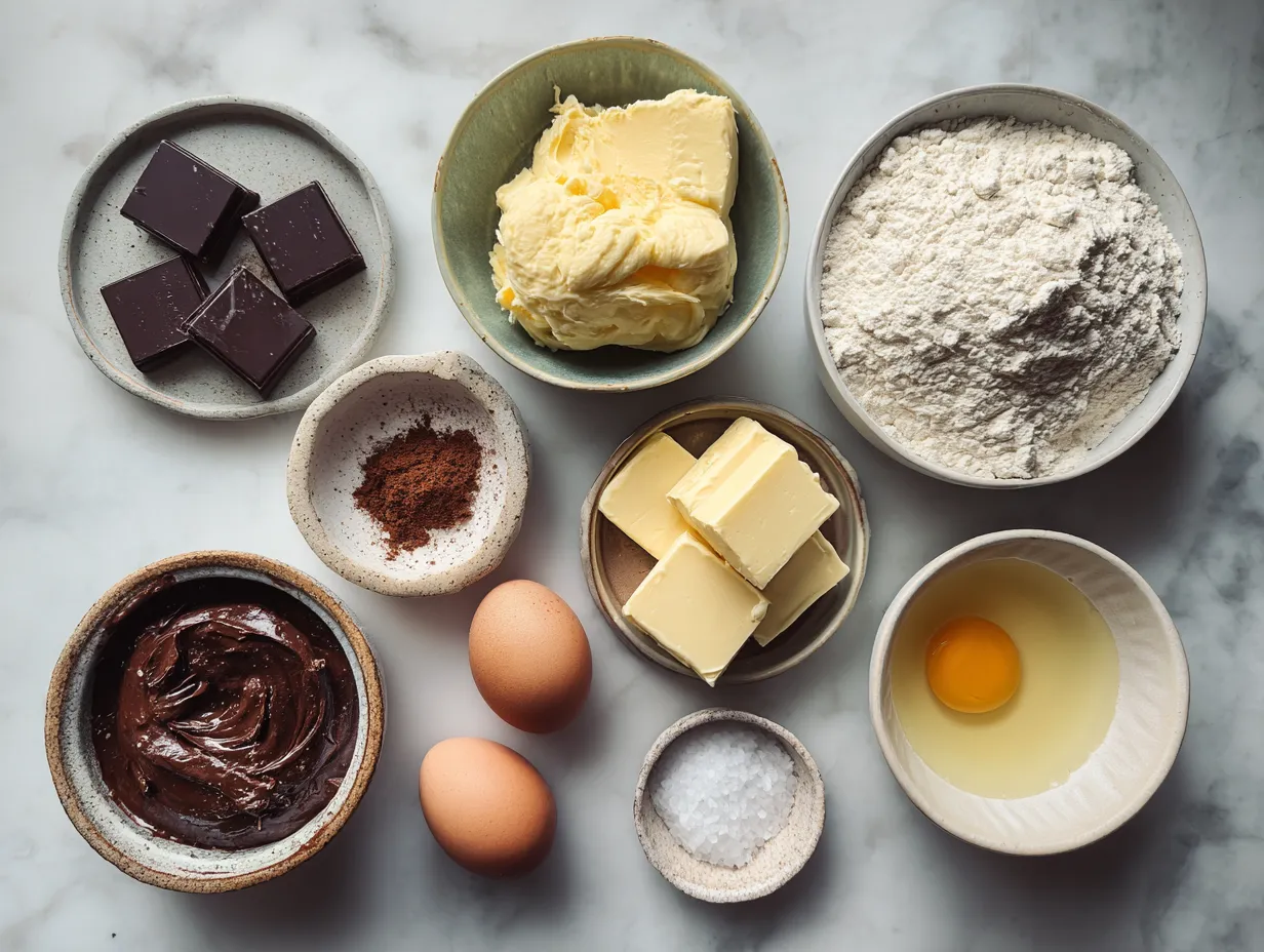 Raw ingredients for making Boston Cream Pie, including flour, sugar, eggs, milk, chocolate chips, and vanilla extract.