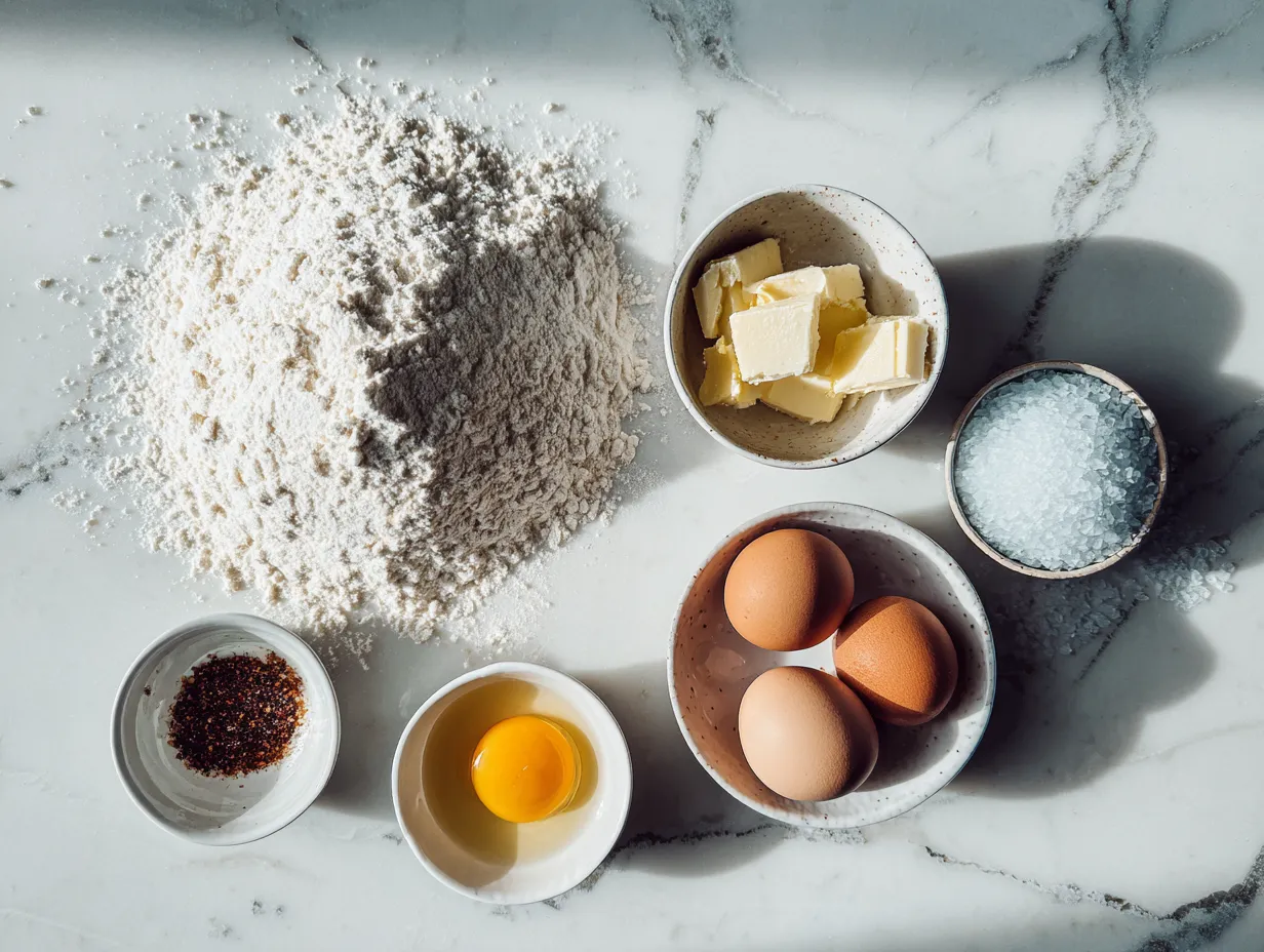 Raw ingredients including cream cheese, sugar, eggs, heavy cream, and vanilla extract for burnt basque cheesecake