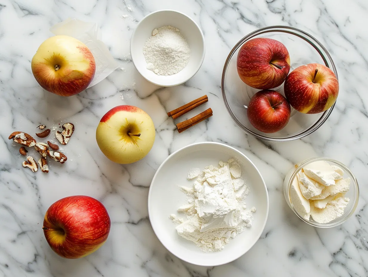 Raw ingredients for Caramel Apple Upside-Down Cake, including apples, flour, butter, and spices.