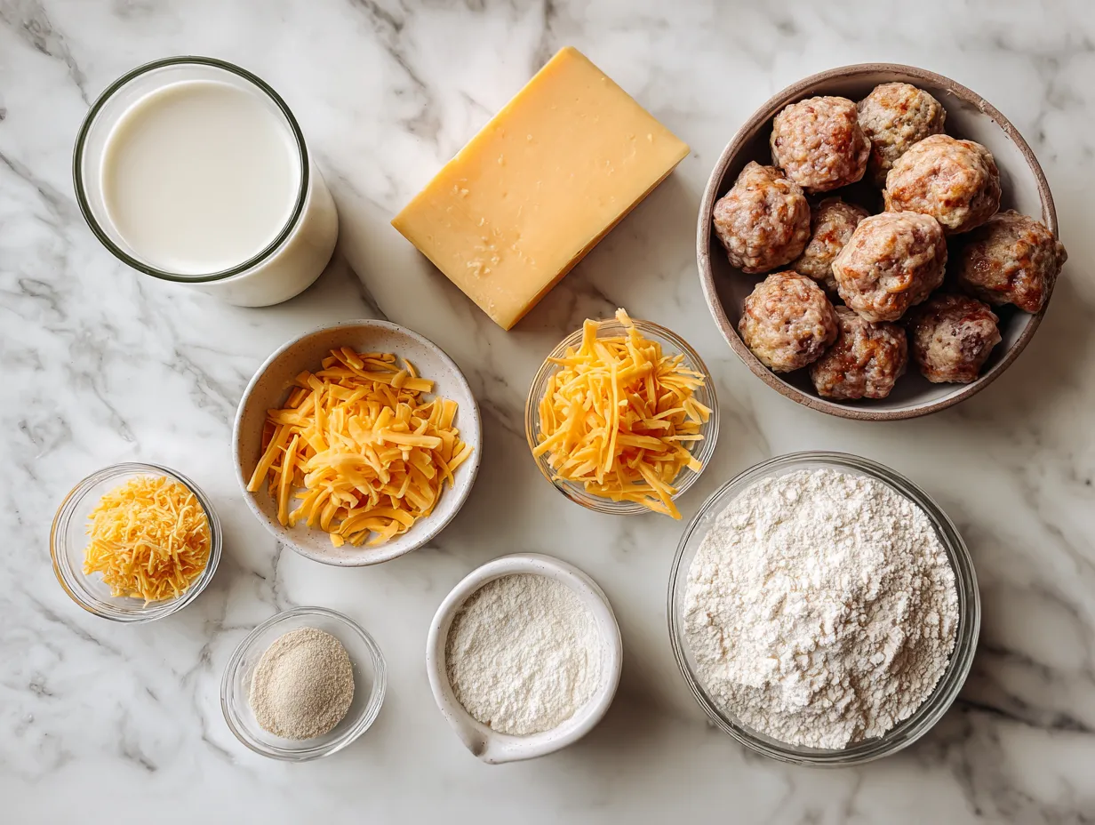 Ingredients for cheddar bay biscuit sausage balls: sausage, cheddar bay biscuit mix, cheddar cheese and milk.