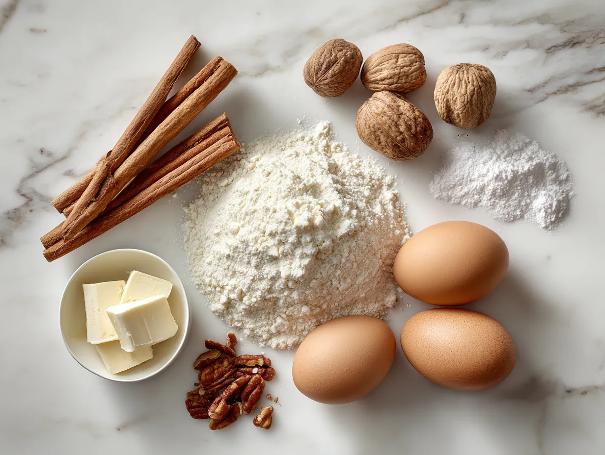 A variety of raw ingredients needed to make Cinnamon Roll Cookies, including flour, butter, sugar, cinnamon, and eggs.