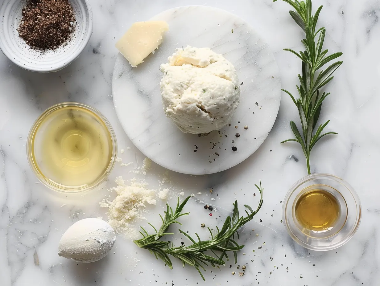 Ingredients for a classic cheese ball recipe, including cream cheese, cheddar, nuts, and spices.