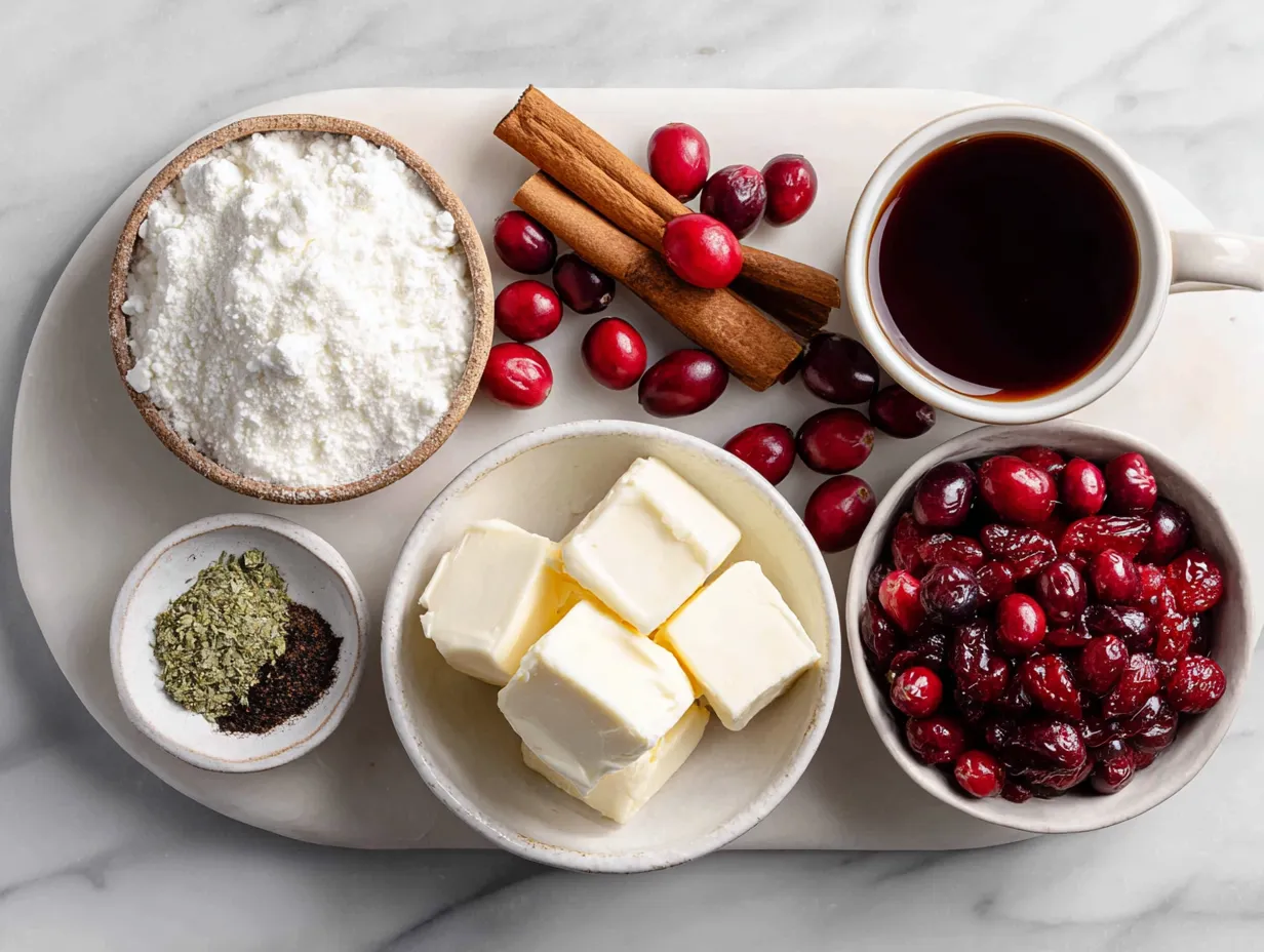 Ingredients for Cranberry Jalapeno Cream Cheese Dip: cream cheese, cranberries, jalapenos, green onions, and spices