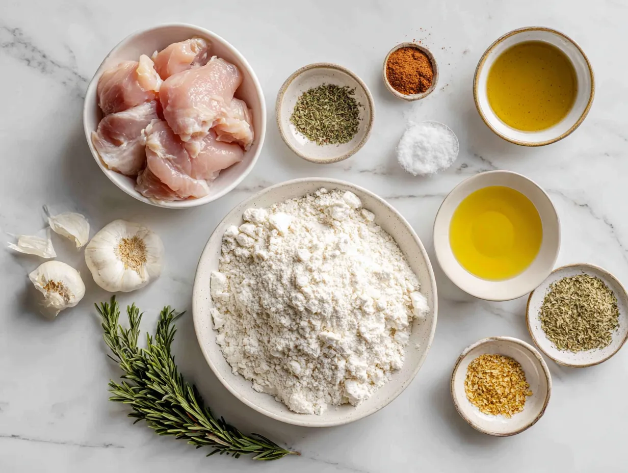 A beautifully arranged display of raw ingredients ready for making Crockpot Chicken and Stuffing, featuring chicken, stuffing mix, soup, broth, and spices.