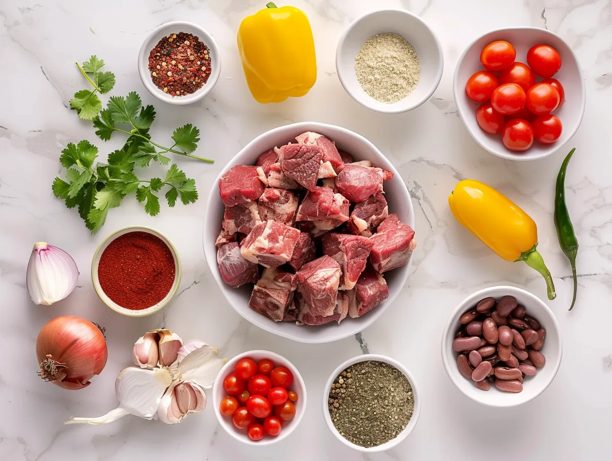 Raw ingredients for Crockpot Prime Rib Chili recipe, including cubed prime rib, chopped vegetables, canned beans, and spices.
