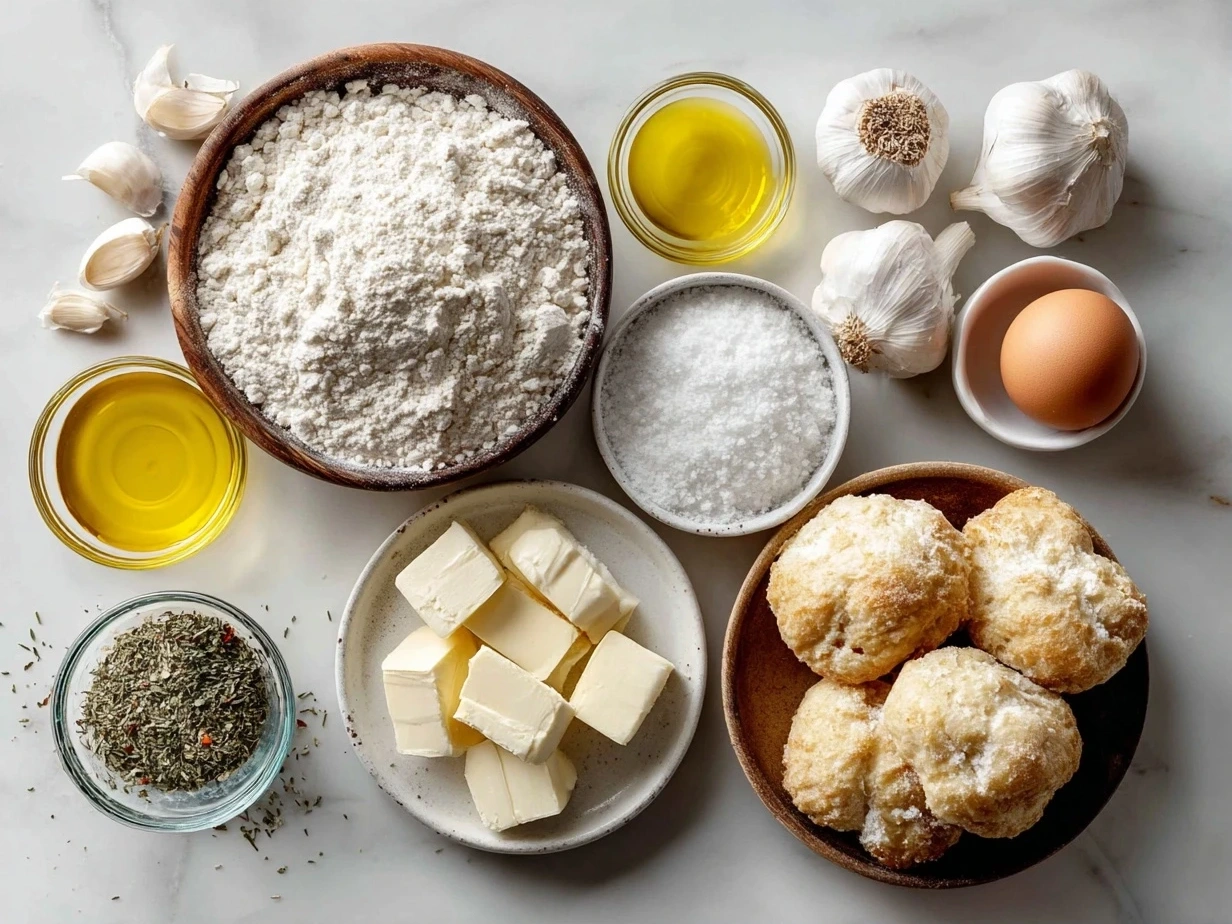 Ingredients for garlic bread rolls including flour, yeast, sugar, salt, milk, water, egg, butter, garlic, parsley and olive oil