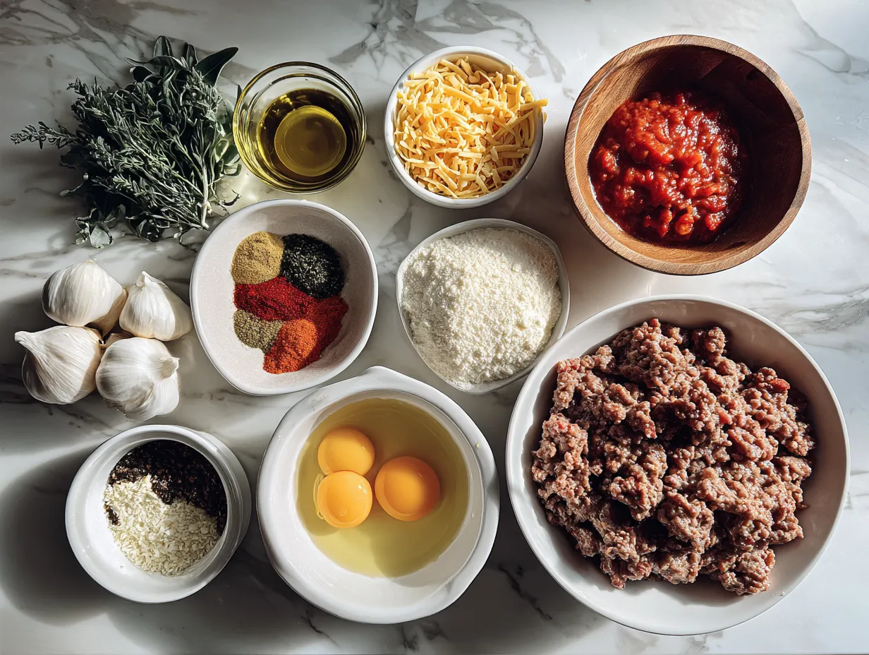 A variety of raw ingredients including ground beef, diced vegetables, and canned goods, ready to be assembled for a delicious Hobo Casserole.