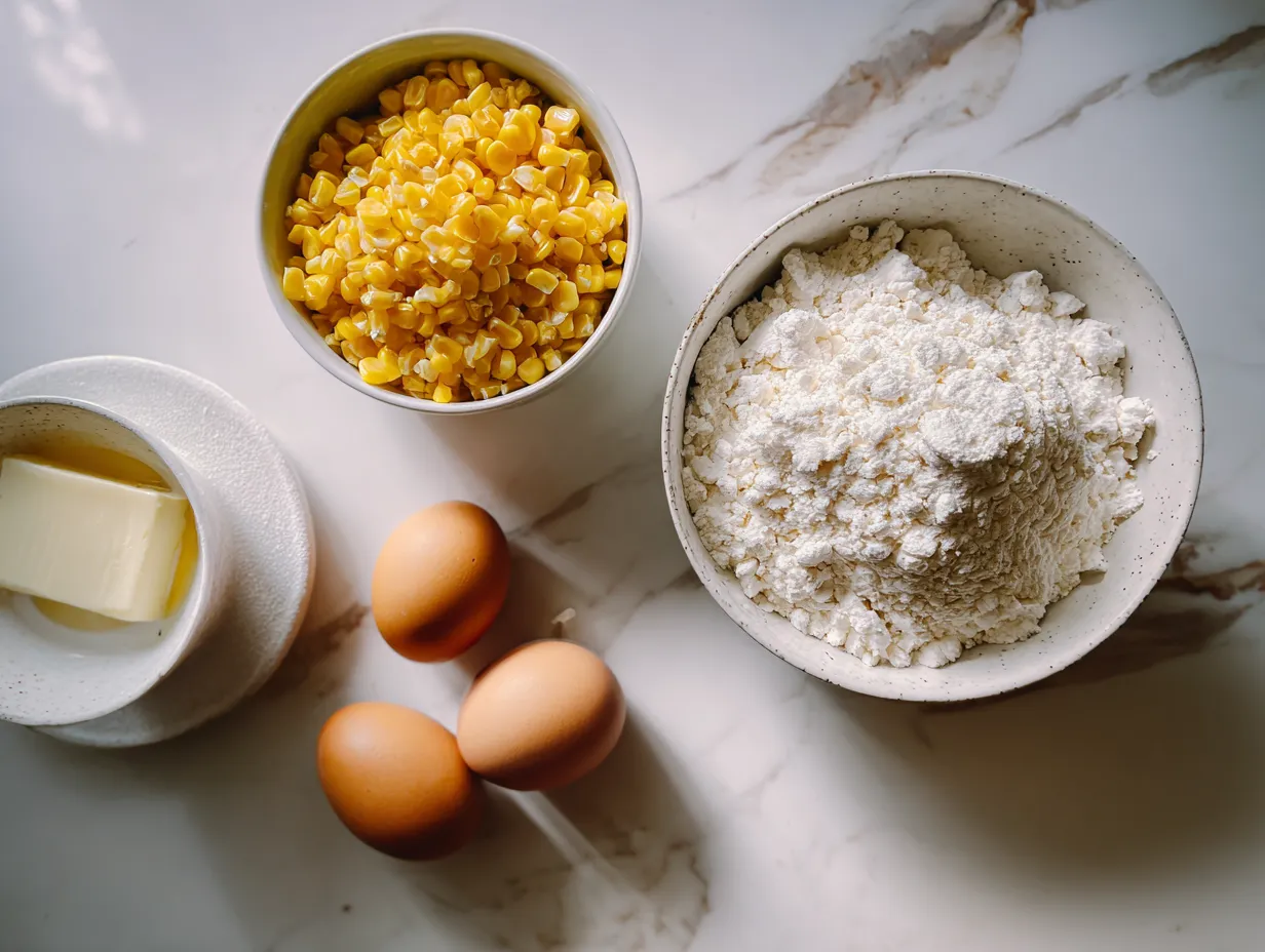 Ingredients for Macaroni Corn Casserole including macaroni, corn, cheese, butter, flour, milk, and spices.