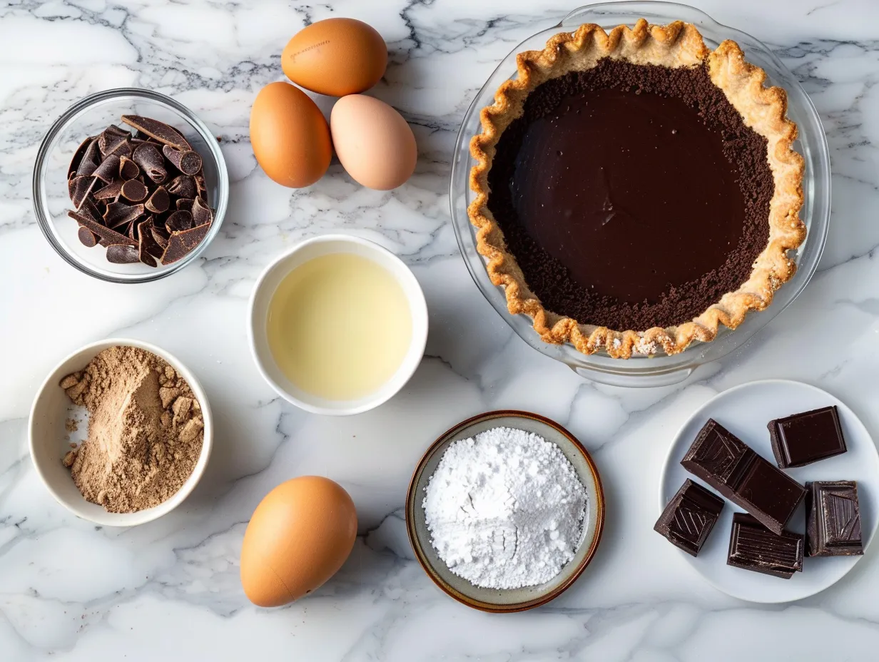 Raw ingredients for making Old Fashioned Chocolate Pie including sugar, cocoa powder, milk, eggs, butter, and vanilla.