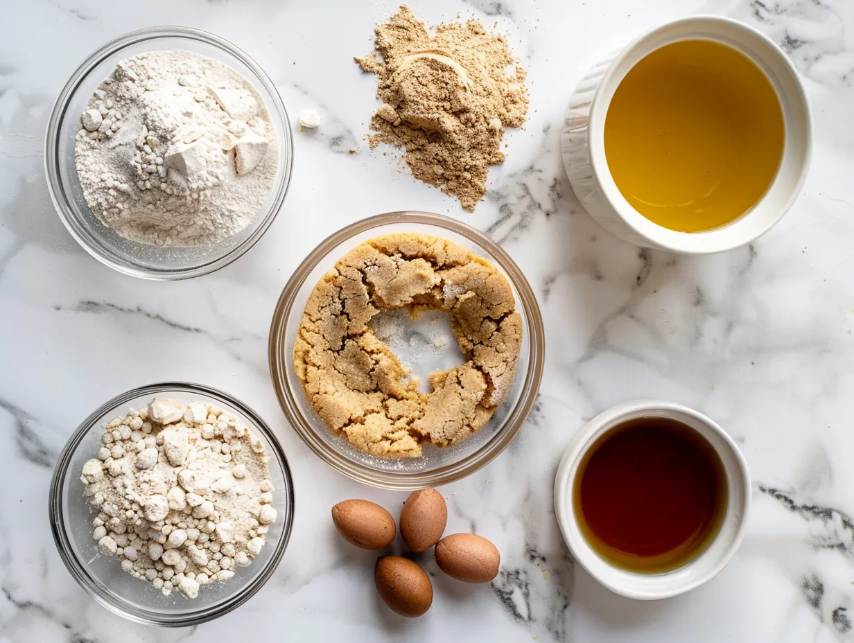 Raw ingredients for homemade soft peanut butter cookies arranged on a marble surface, including butter, peanut butter, sugar, flour, and eggs.