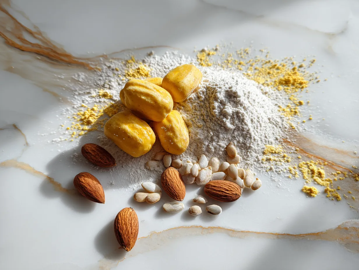Ingredients for Pumpkin Gnocchi: pumpkin puree, egg, parmesan cheese, salt, nutmeg, flour, butter, and sage leaves.