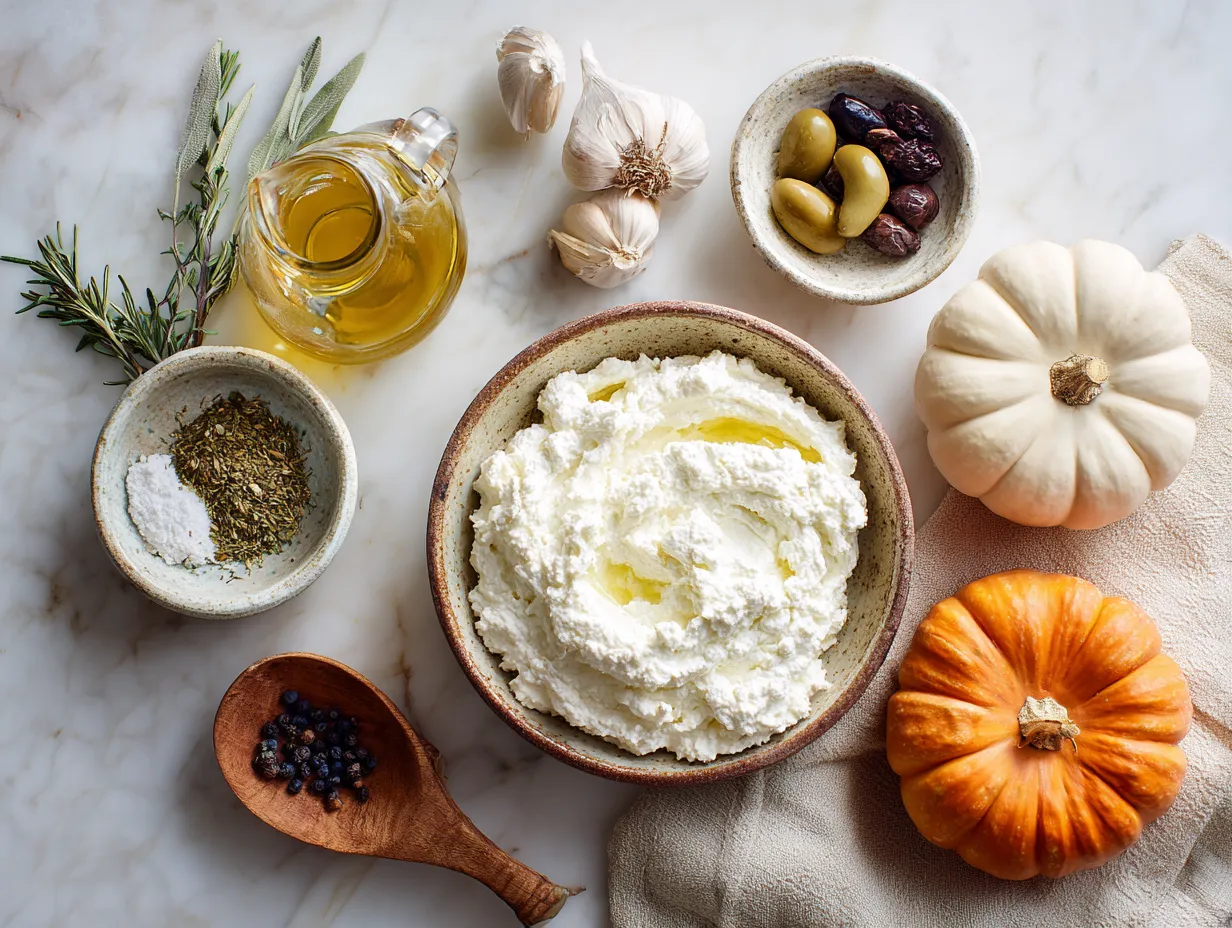Ingredients for pumpkin whipped feta dip: feta, pumpkin puree, olive oil, honey, and spices.