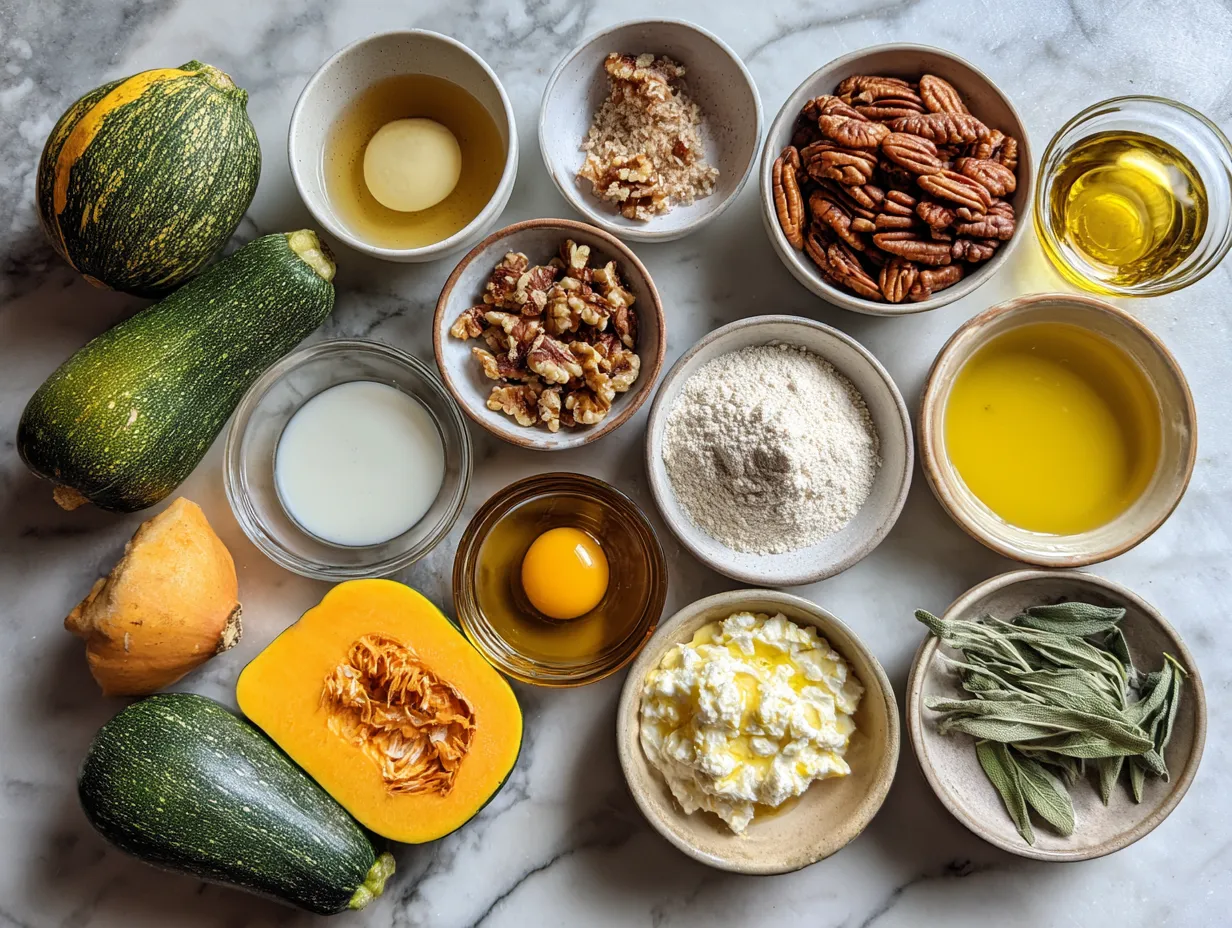 Ingredients for making Squash Casserole including yellow squash, onion, butter, cream of chicken soup, sour cream, cheddar cheese, Ritz crackers, and Parmesan cheese