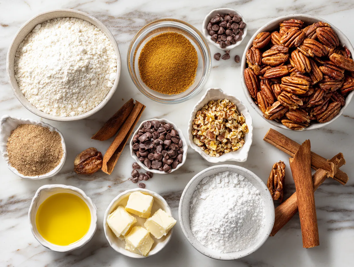 Raw ingredients for making Texas Chocolate Pecan Pie, including pecans, chocolate chips, cocoa powder, and other baking staples.