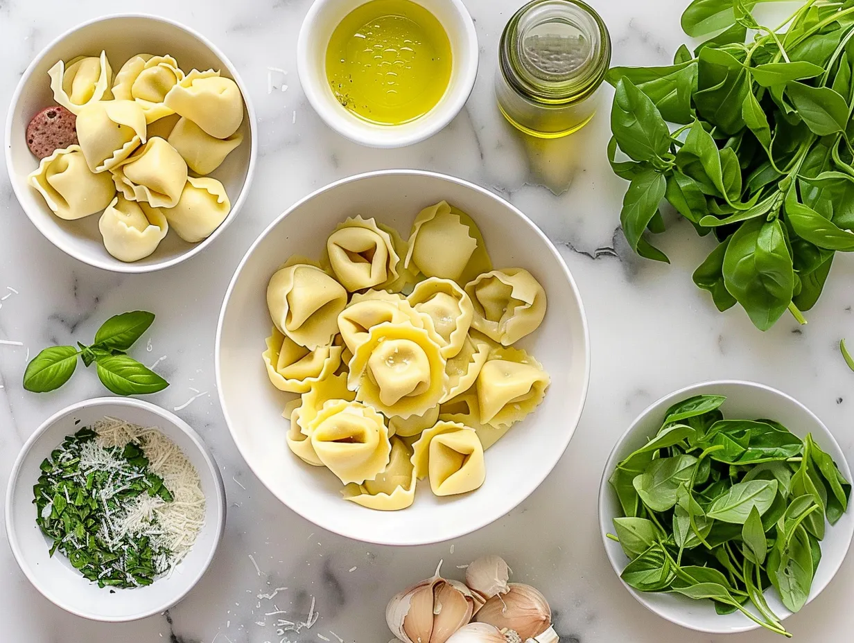 Raw ingredients for tortellini soup with sausage including Italian sausage, tortellini, and fresh vegetables.