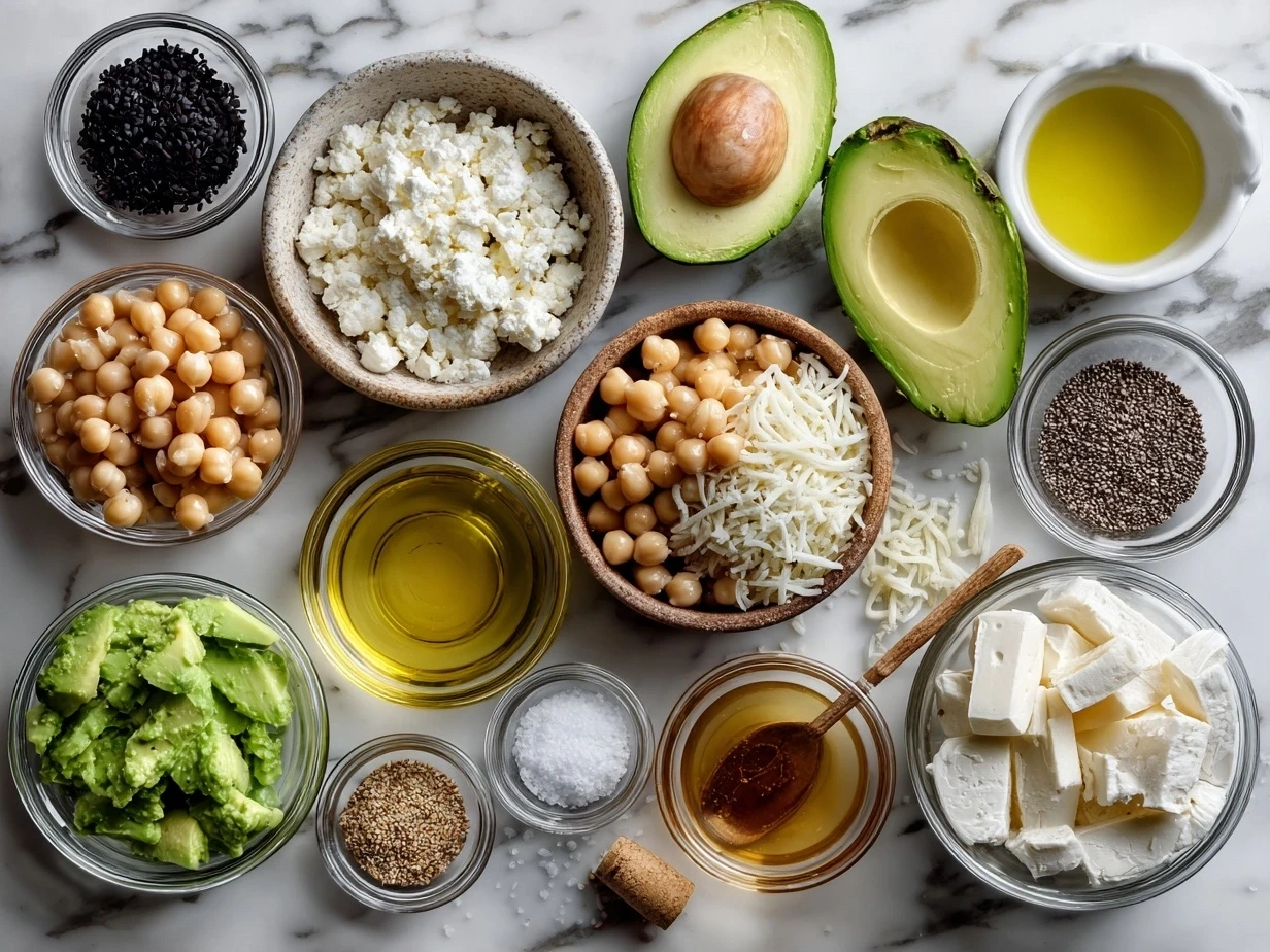 A vibrant array of raw ingredients for Vibrant Chickpea Feta Avocado Salad including chickpeas, cherry tomatoes, cucumber, red onion, feta cheese, avocado, parsley, lemon, olive oil, garlic, and oregano.