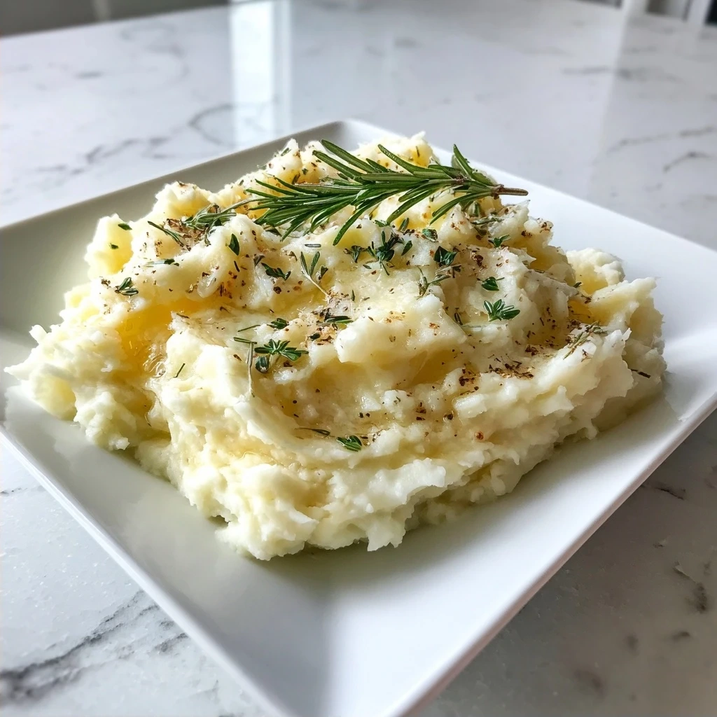 Creamy Rosemary Garlic Mashed Potatoes served in a bowl, garnished with rosemary