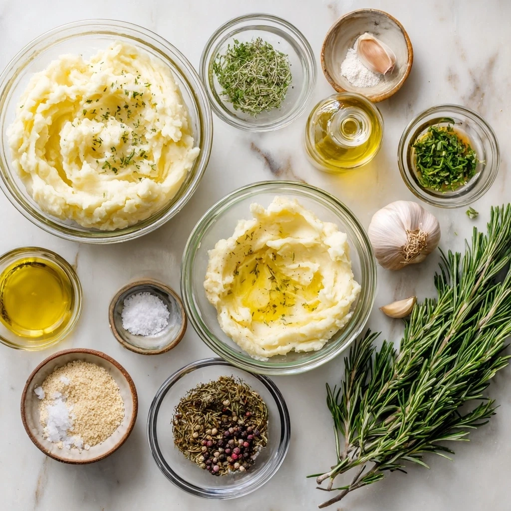 Ingredients for Rosemary Garlic Mashed Potatoes including Yukon gold potatoes, garlic, fresh rosemary, heavy cream, unsalted butter, salt and pepper