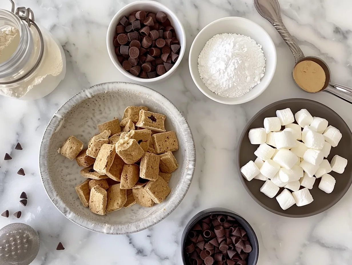 Smores Pie ingredients: graham cracker crumbs, butter, sugar, sweetened condensed milk, heavy cream, salt, vanilla extract, chocolate chips, and mini marshmallows.