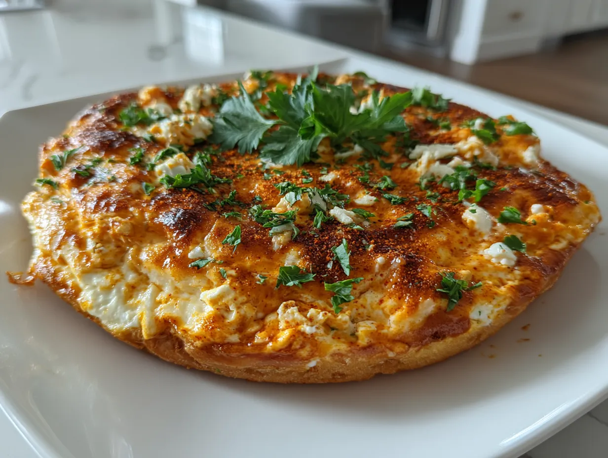 Finished Spicy Buffalo Chicken Dip in a baking dish, garnished with green onions.