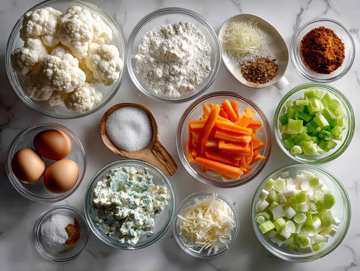Ingredients for Spicy Buffalo Chicken Dip: shredded chicken, cream cheese, buffalo wing sauce, ranch dressing, shredded cheddar cheese, and green onions.