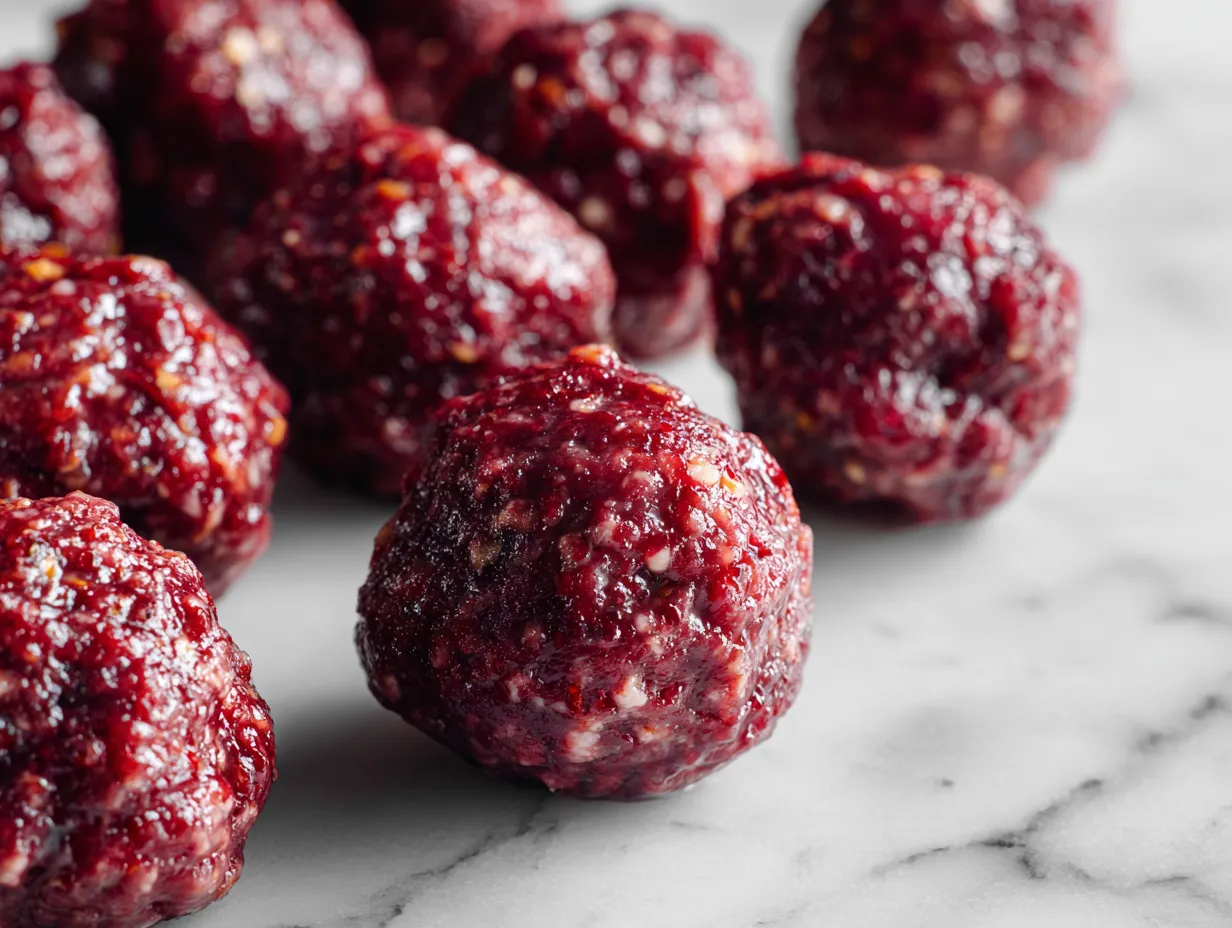 Ingredients for making spicy cranberry BBQ meatballs including ground beef, breadcrumbs, cranberry sauce, and spices