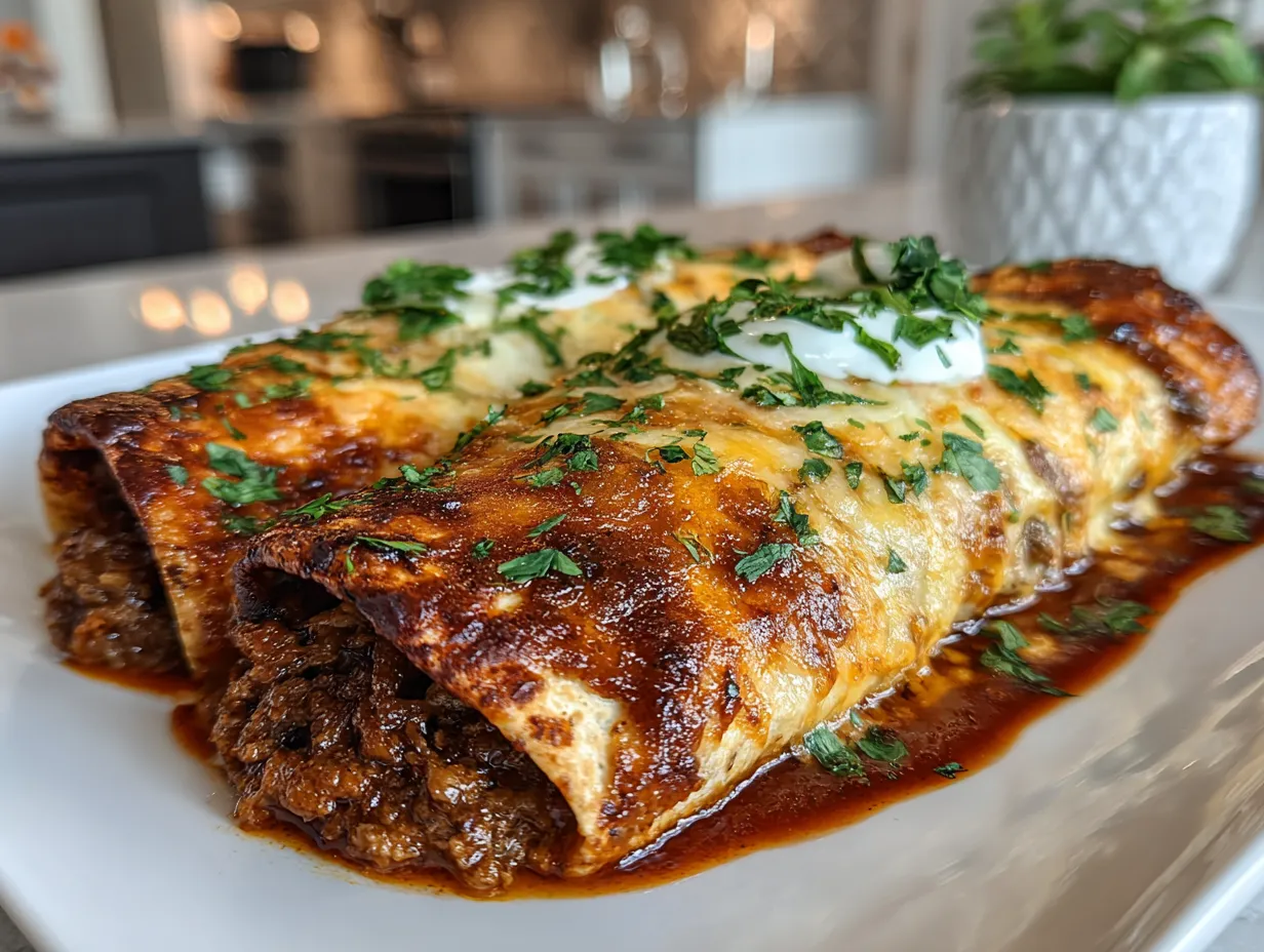 Stacked Beef Enchiladas with Dripping Red Sauce