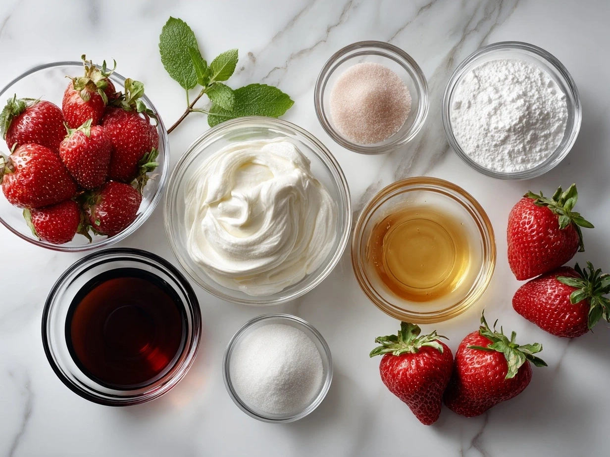 Ingredients for Strawberry Cool Whip Candy, including Cool Whip, strawberry gelatin, powdered sugar, freeze-dried strawberries, and sprinkles.