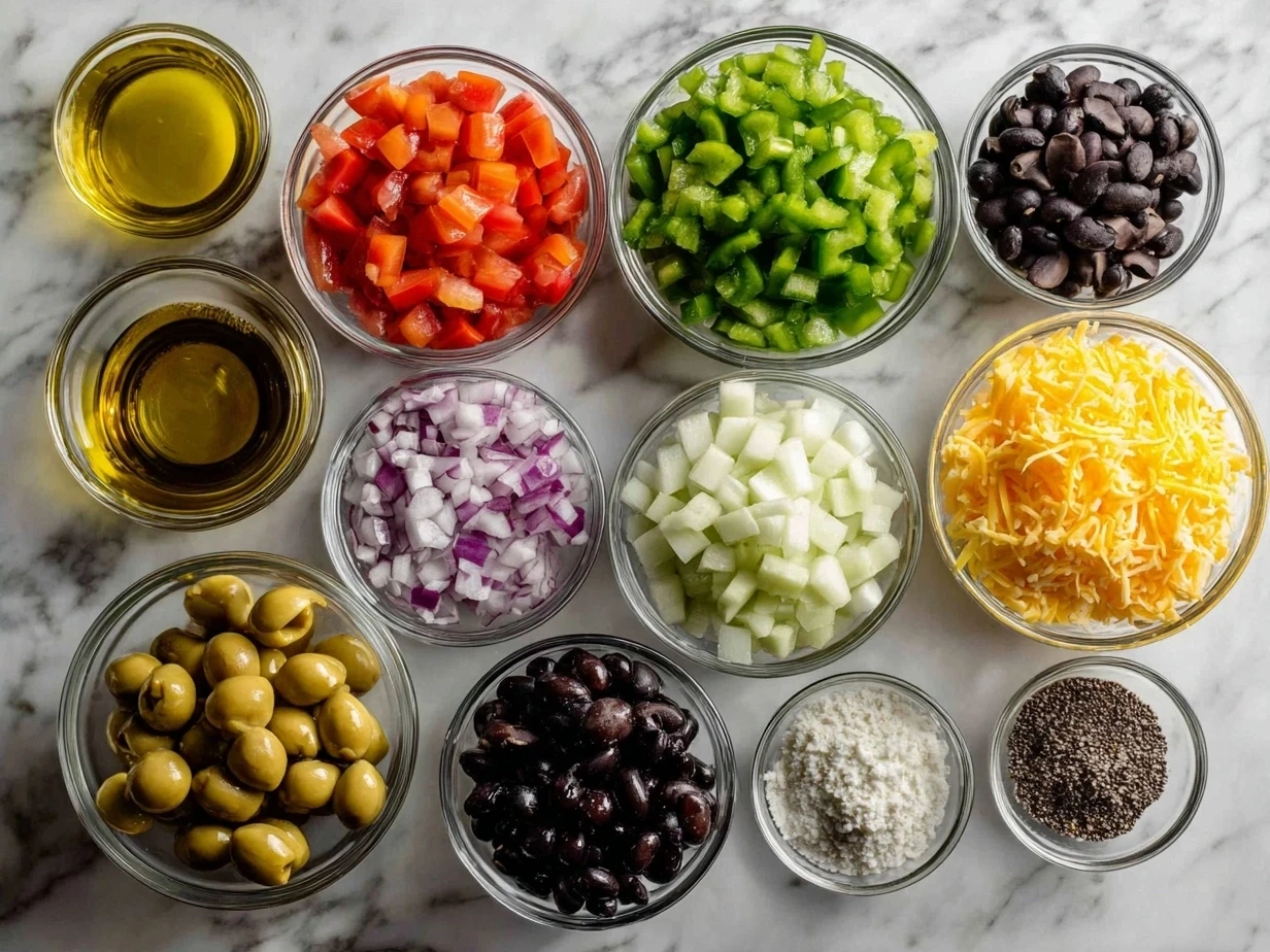 Texas Caviar recipe ingredients including black eyed peas, corn, cilantro, and bell pepper