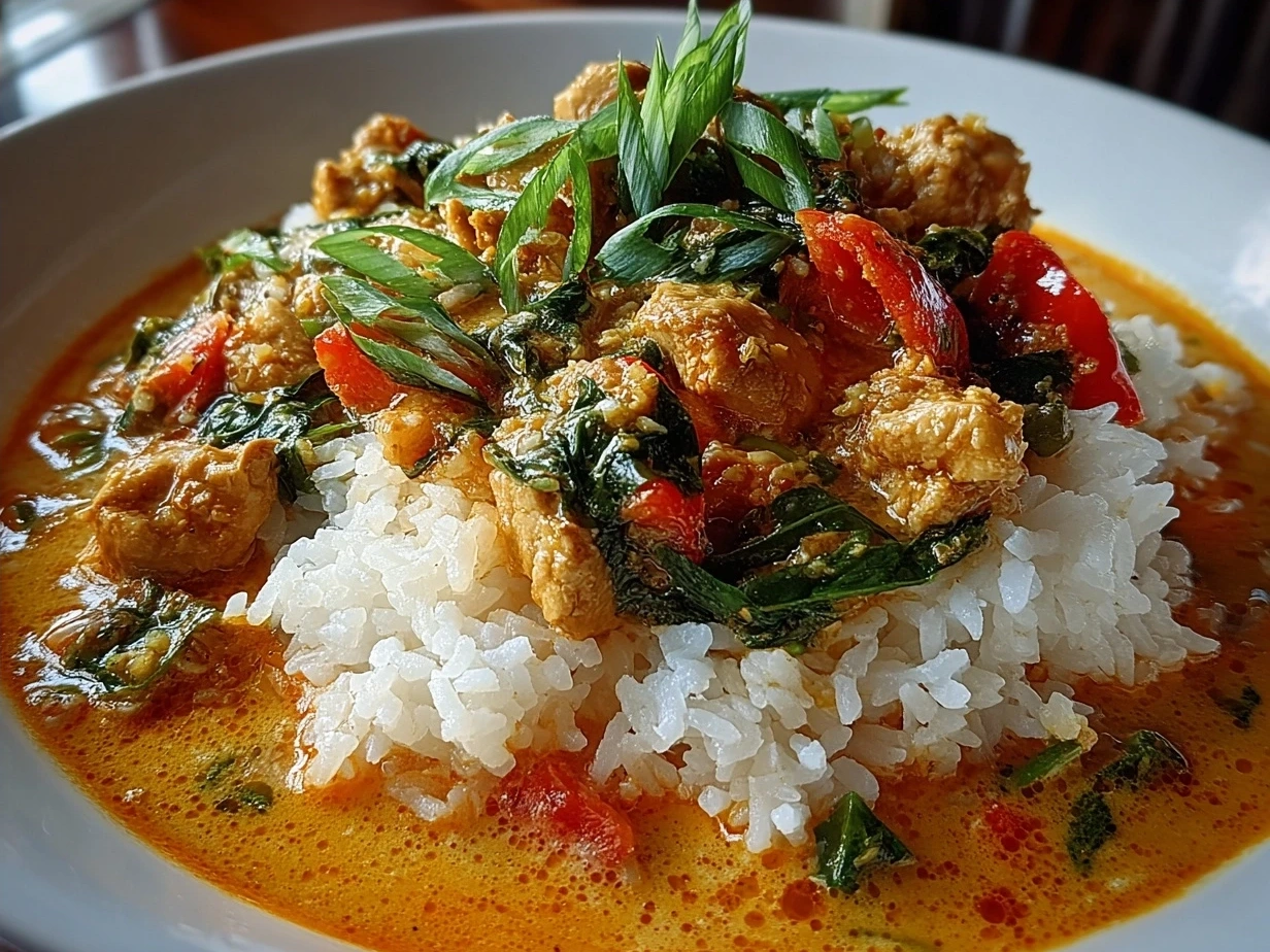 Delicious Thai Red Curry Chicken served in a bowl garnished with cilantro.