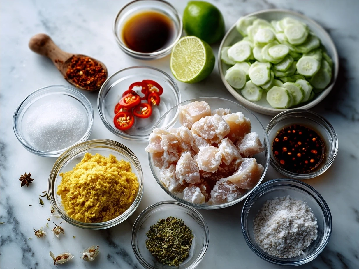 Ingredients for Thai Red Curry Chicken including chicken, coconut milk, red curry paste, and vegetables