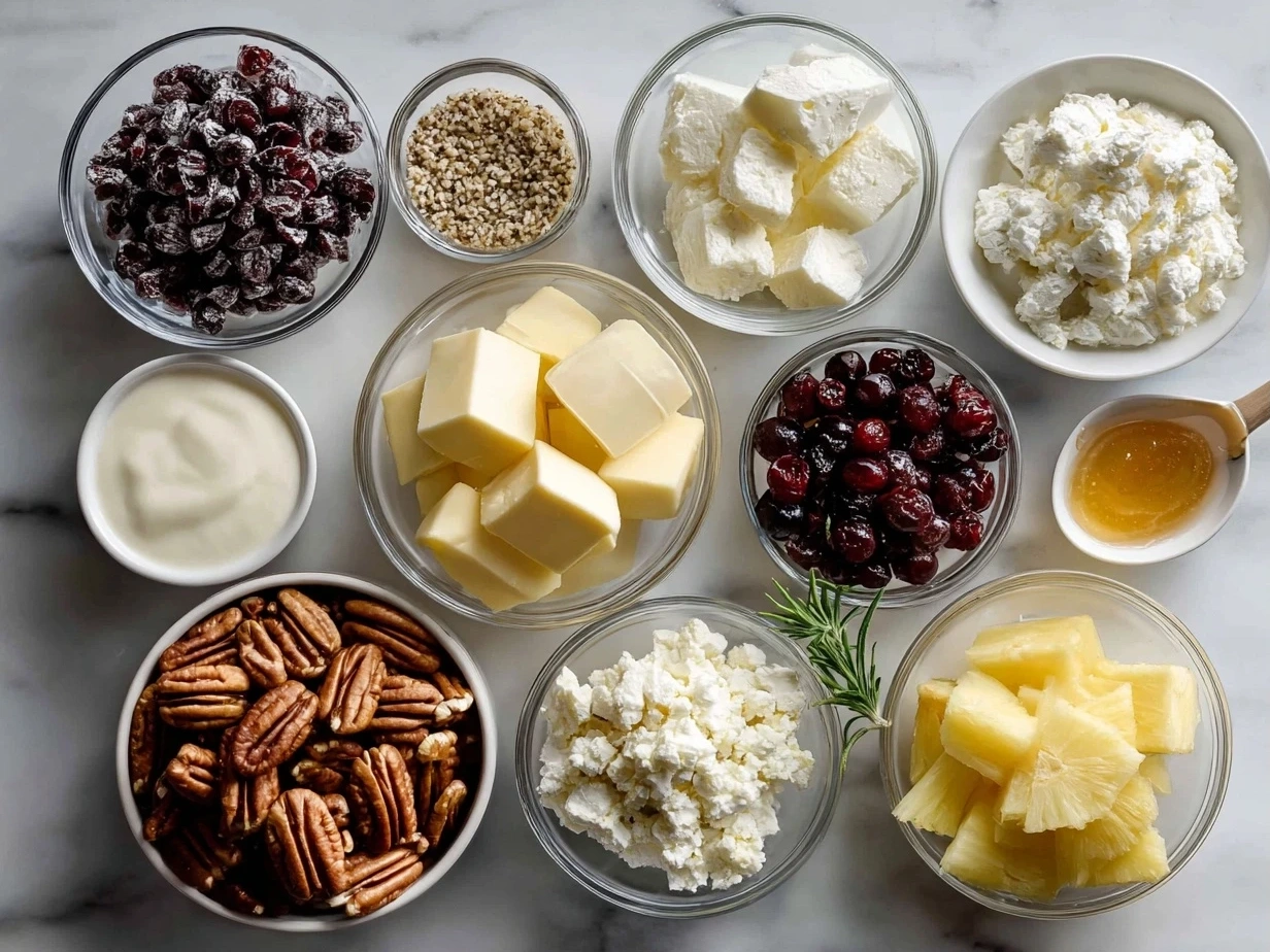 Ingredients for cranberry pineapple pecan cheese ball: cream cheese, pineapple, cranberries, pecans, green onions, and spices.