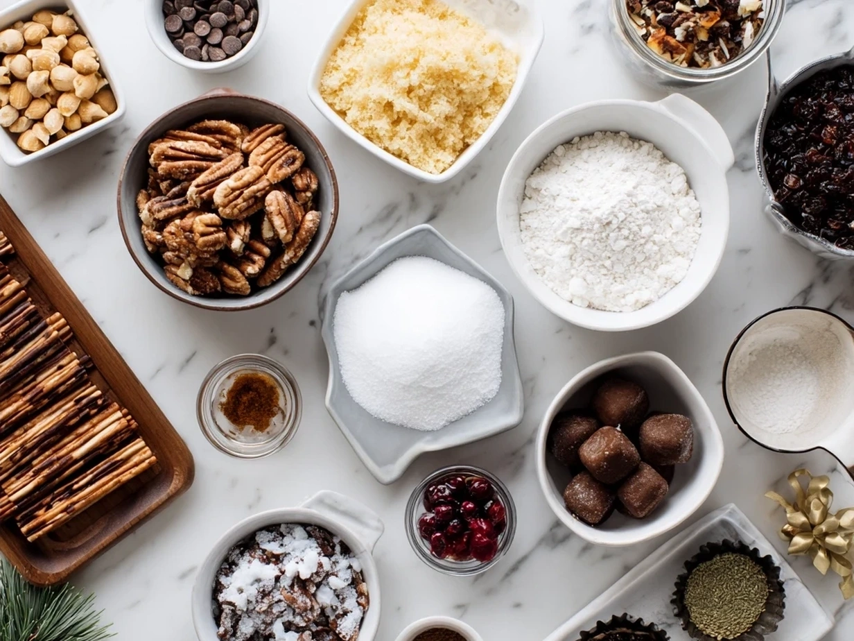 Ingredients for Twisted Christmas Cookies: flour, baking powder, salt, butter, sugar, eggs, vanilla extract, almond extract, peppermint extract, red food coloring, and sanding sugar.