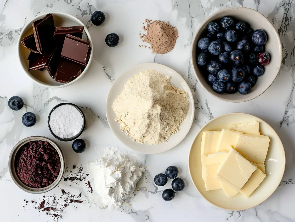 All of the ingredients needed to make a delicious White Chocolate Blueberry Cheesecake