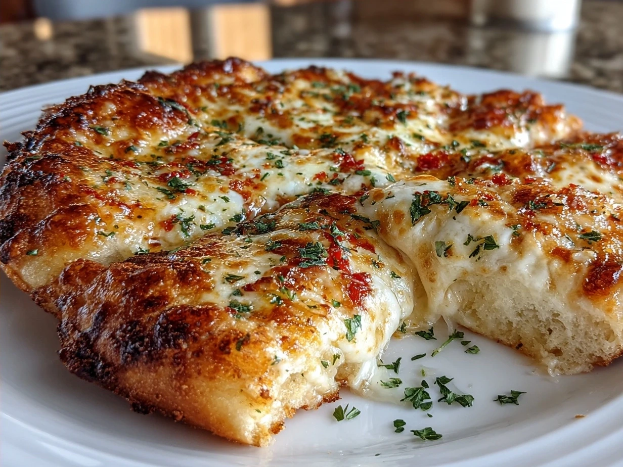 Finished white garlic pizza on a wooden cutting board with a pizza cutter.