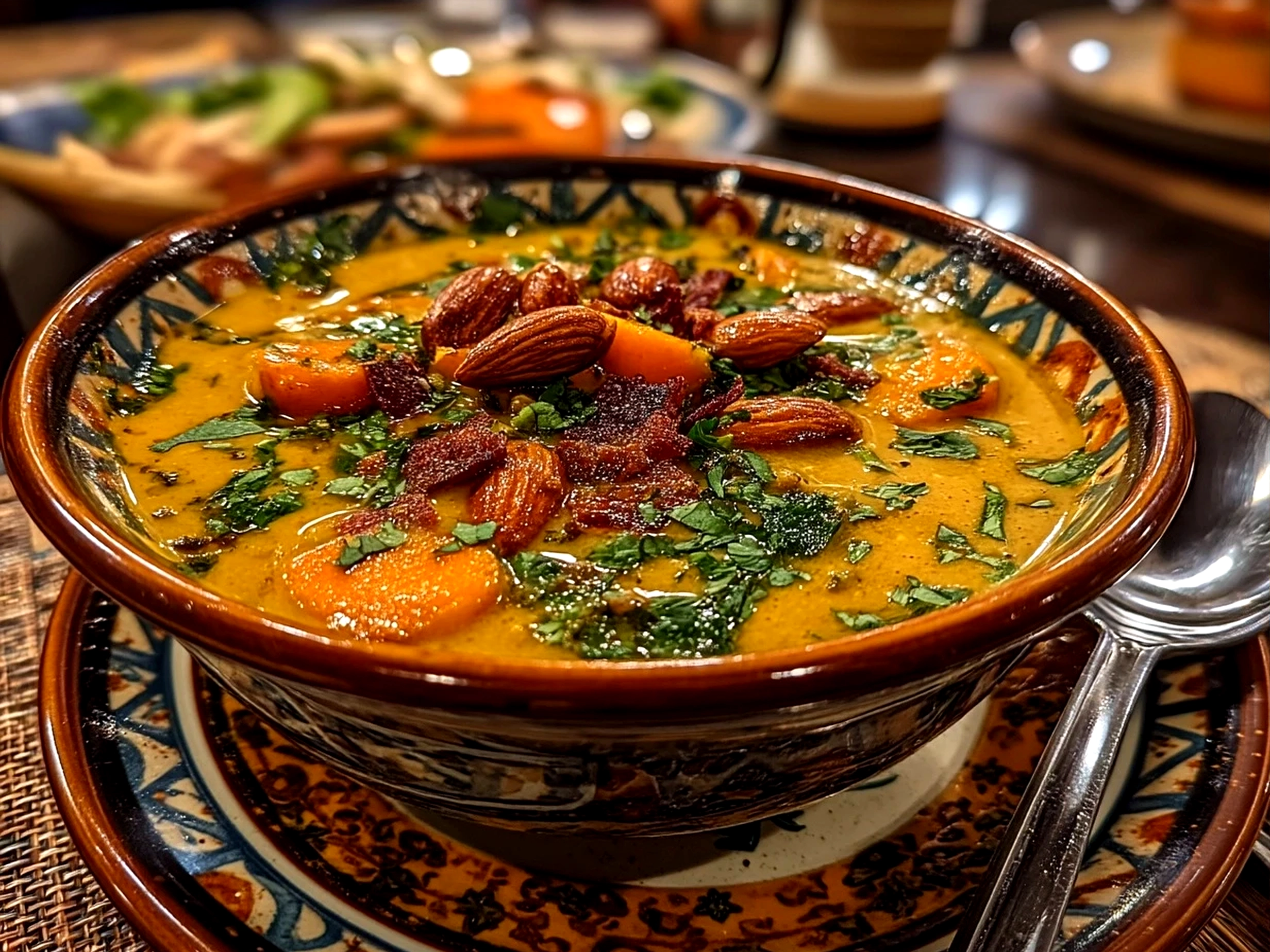 Bowl of served African Peanut Soup garnished with fresh herbs and bread on the side