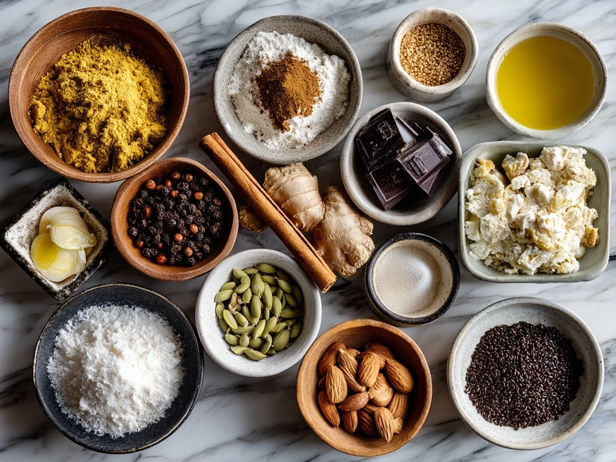 Ingredients for African Peanut Soup laid out on a kitchen countertop