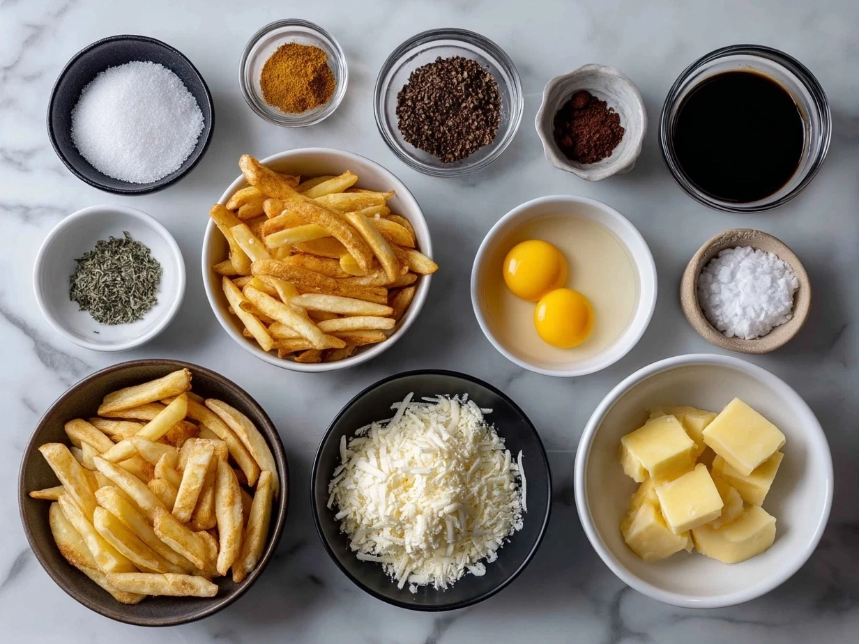 Ingredients laid out for making crispy Air Fryer Fries including potatoes and seasonings