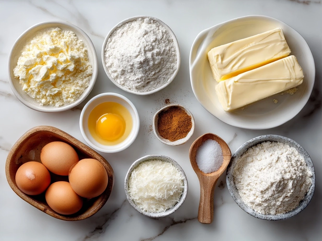Ingredients for making authentic Alfredo Sauce including cream, butter, Parmesan cheese, and garlic